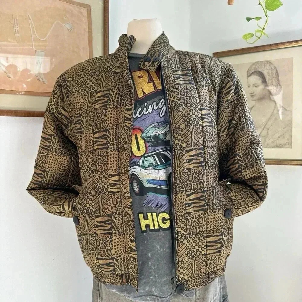 Vintage Silk Animal Print Bomber Jacket Leopard Print 90s Statement Outwear